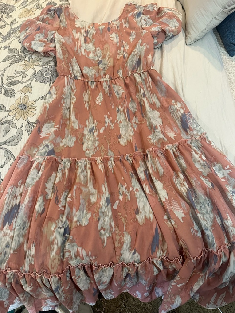 Hayden Dusty Rose Floral Tiered Dress with Puff Sleeves